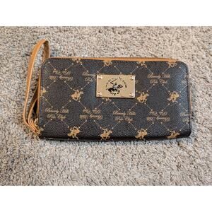 Vtg Beverly Hills Polo Cub Double Zip Wristlet Clutch Dark Brown Monogram Print